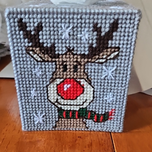 Gray Christmas Tissue Box Cover with Santa and Reindeer - Picture 5 of 6
